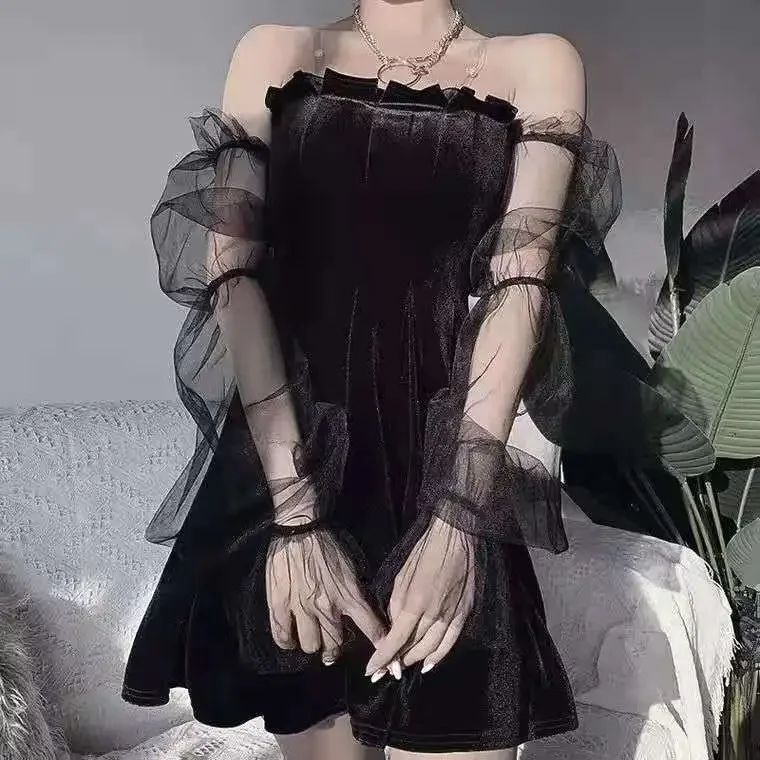 Gothic Sexy Dresses Vintage Off Shoulder Lantern Sleeve Mesh Patchwork  Velvet Mini Vestidos Dark Street Black Dress for Female - AliExpress  200000345