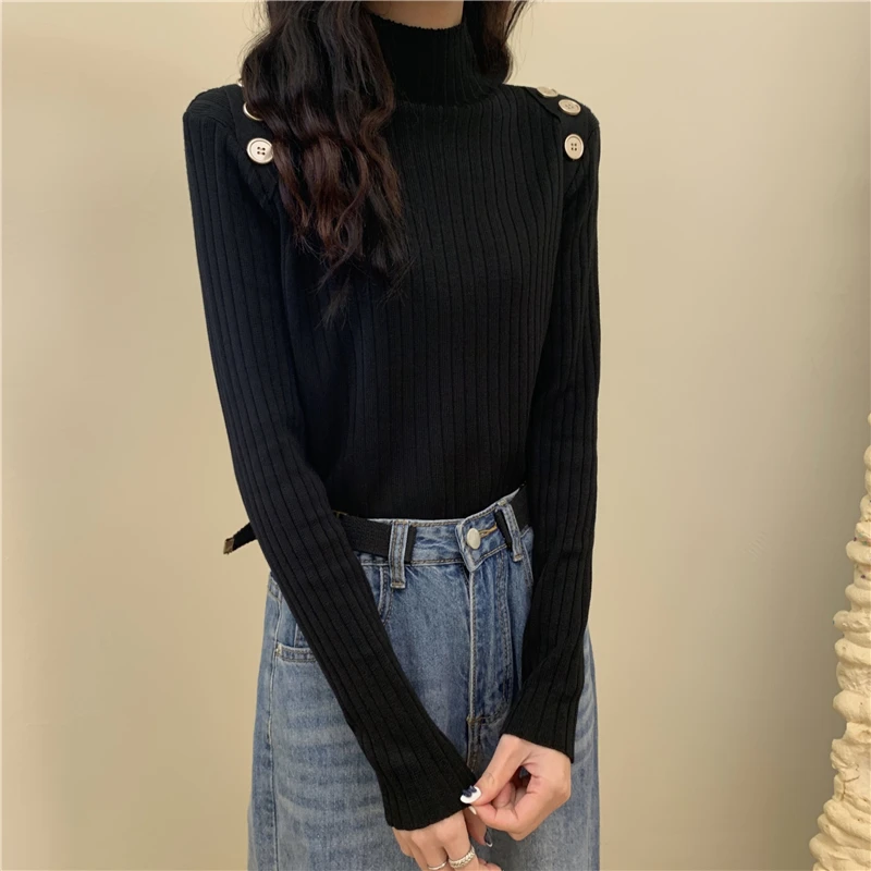 vintage sweaters Pullover Knitted Women Sweater Winter 2021 Button High Neck Basic Slim Casual Ribbed Knit Top Autumn Clothes Woman Sweaters cable knit sweater Sweaters