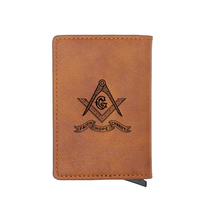 

Laser Engraving Freemasonry Faith Hope Charity Credit Card Holder Men Women Metal RFID Aluminium Box PU Leather Wallet BA138