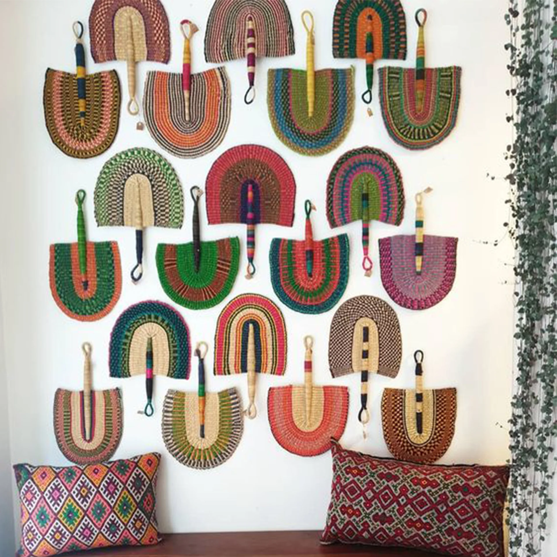 

Ethnic Style Large Straw Fan Grass Hand-Woven Fan Pendant Decorative Wall Hanging Fan Living Room Bedroom Background Decoration