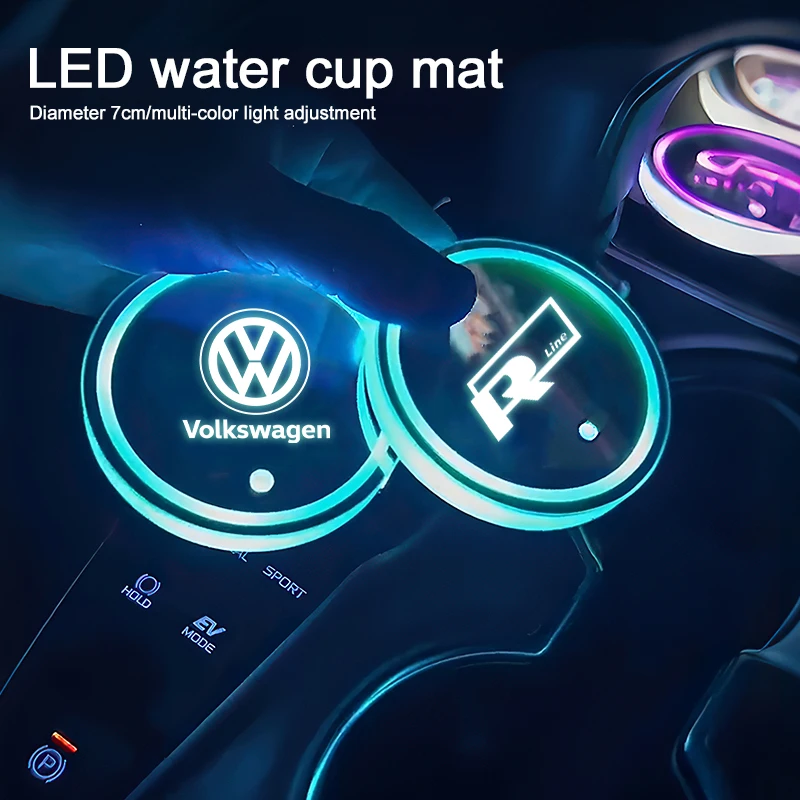 LED 자동차 컵홀더 패드 충전식 자동 분위기 조명 (폭스바겐 VW GTI 폴로 골프 파사트 티구안 아테온 투아렉 CC 타이고 용)