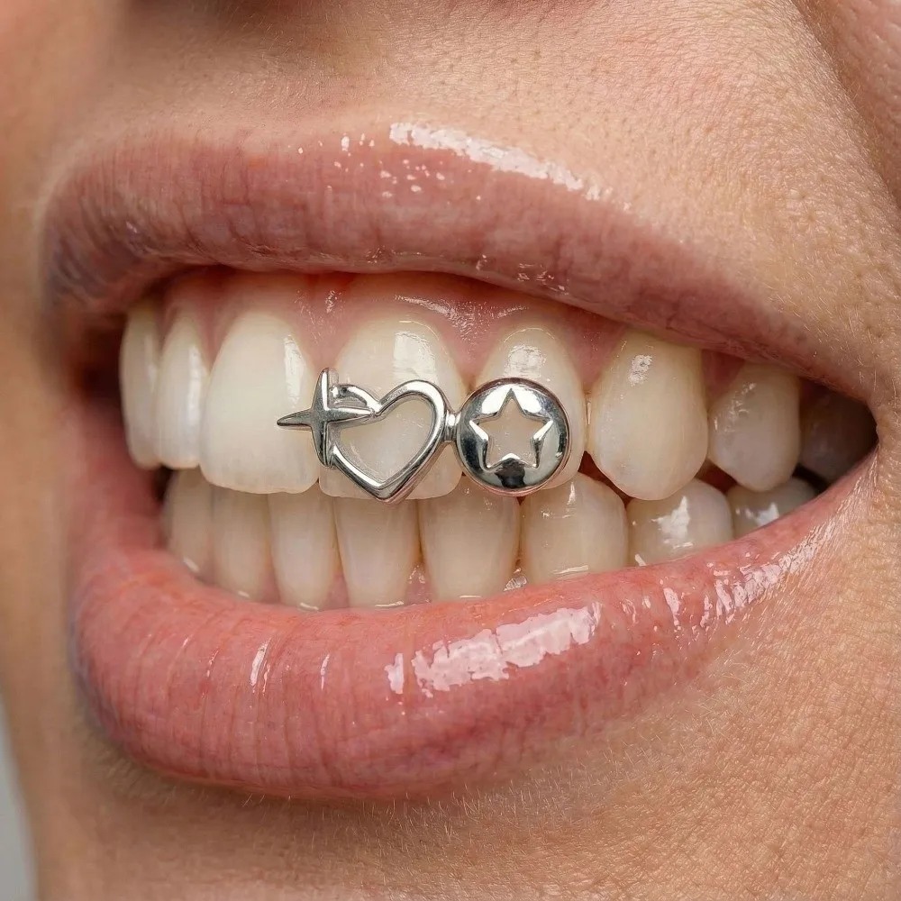 새로운 하트 모양 힙합 치아 그릴즈, 구리 치아 캡, 고광택 치아 장신구 힙합