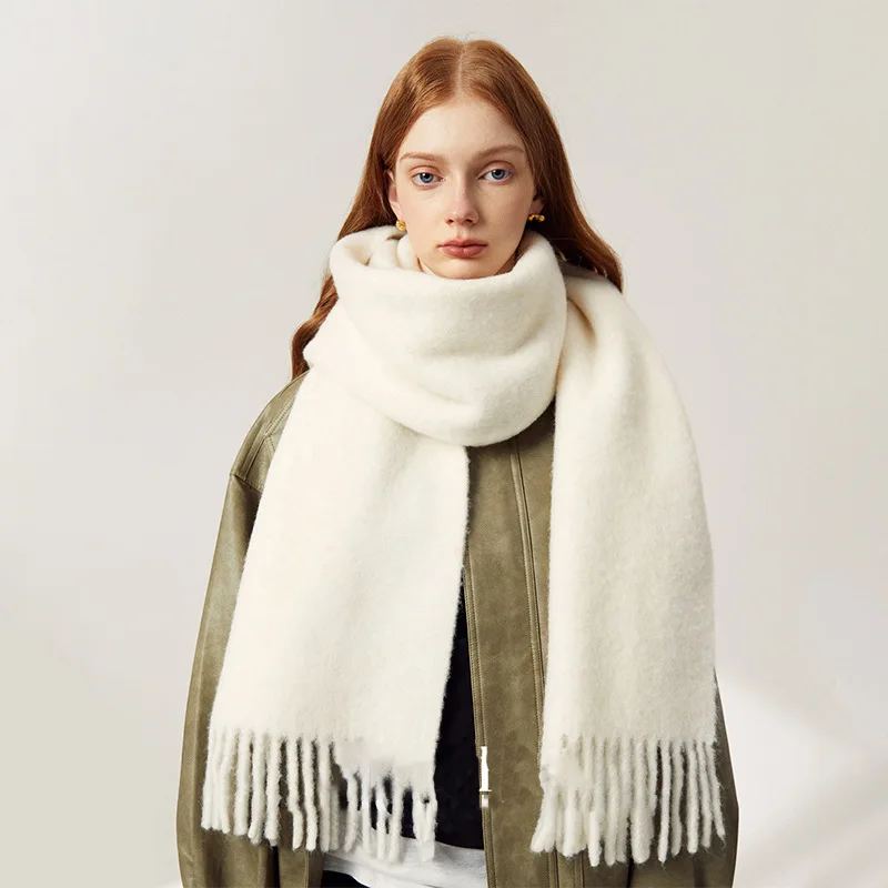 White tassel long mohair warm windproof scarf, simple and stylish, thick and comfortable winter scarf 5