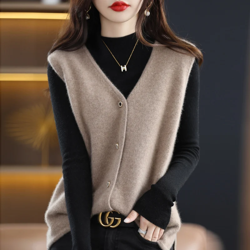 

100% pure wool vest autumn new ladies knitted solid color cardigan sleeveless sweater fashion trend coat cashmere vest V neck