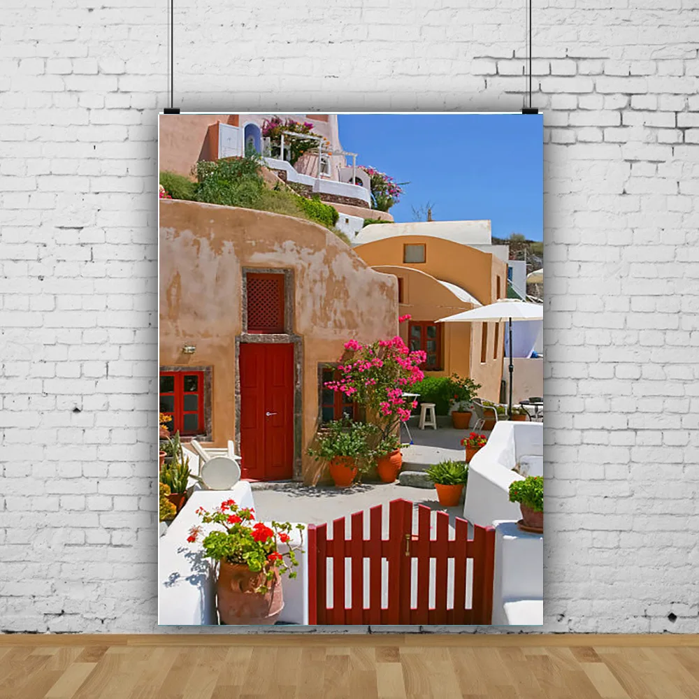 

SHENGYONGBAO Santorini Greek Aegean Sea Holiday Party Decoration Bay Town Architecture Flowers Photography Background XC-01