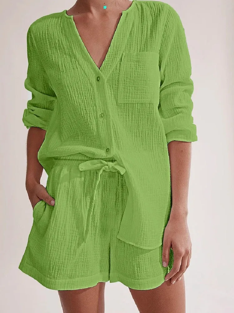 Women Loungewear Sets V Neck Loose Blouse Shirt High Elastic Drawstring Shorts