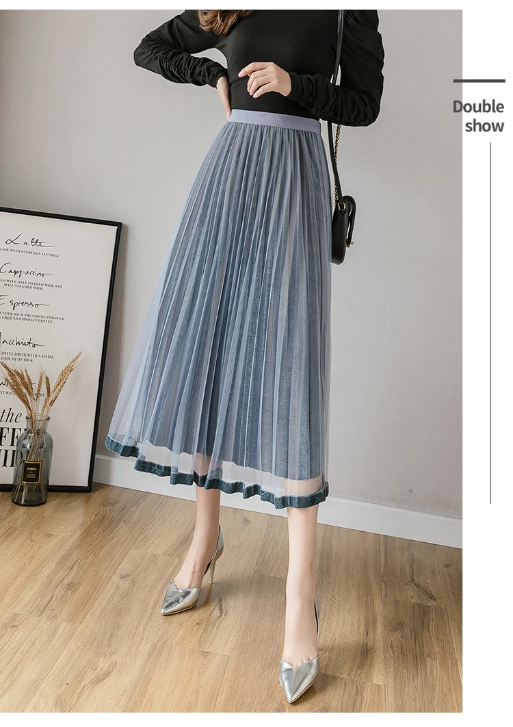 black skirt 2019 Autumn Winter Skirt Elegant Mesh Gold Velvet Patchwork High Waist Pleated Lace Skirts Womens Casual Party Black Skirt maxi skirt