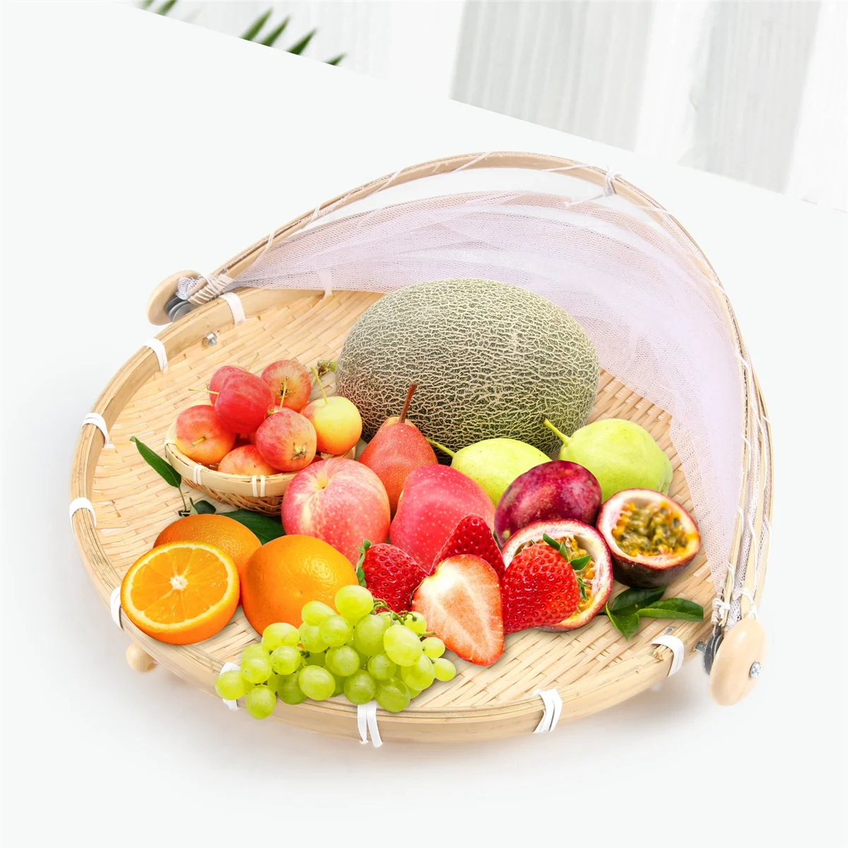 Hand-Woven Food Tent Basket Tray Fruit Vegetable Bread Storage Basket Simple Atmosphere Outdoor Picnic Mesh Net Cover 5