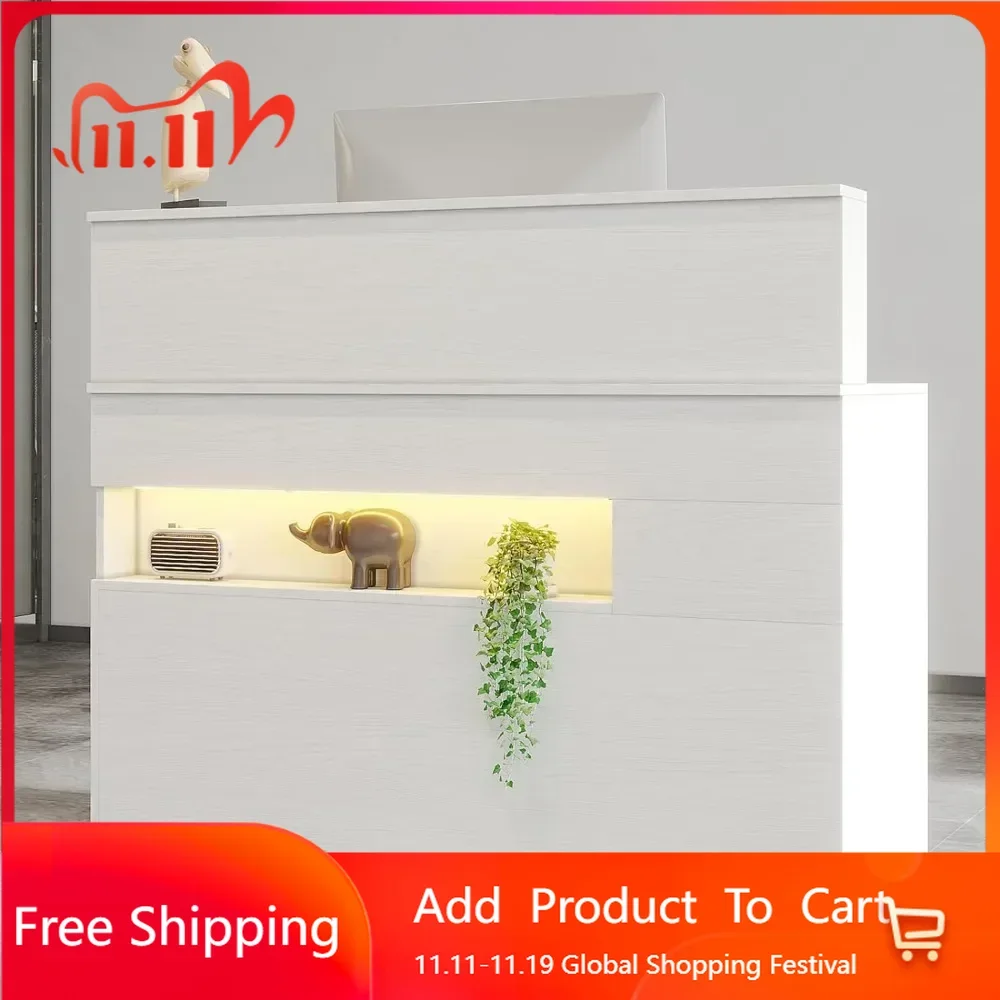 Reception Desk with LED Lights and Power Outlets, Retail Counter Reception Counter Table with Drawers, for Salon Lobby Checkout