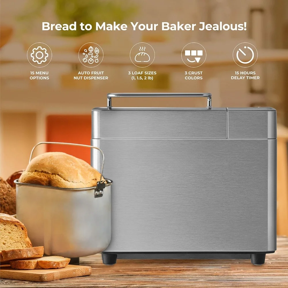 Bread Maker, 2 Lb. With 17 Menu Options, Automatic Fruit & Nut Dispenser & 6 Accessories, Multi-Functional Bread Maker 6