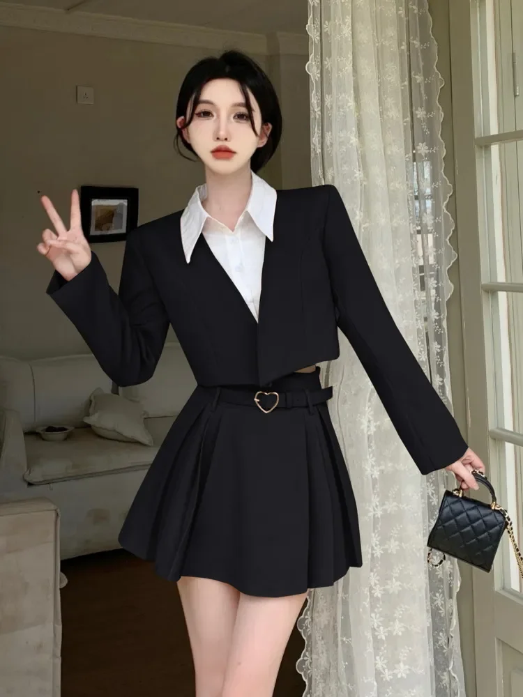 

High Quality Autumn Fake Two-piece Blazer Coat + Pleated Skirt Suit Korean Fashion OL 2 Piece Sets Women Outfit Conjuntos Cortos