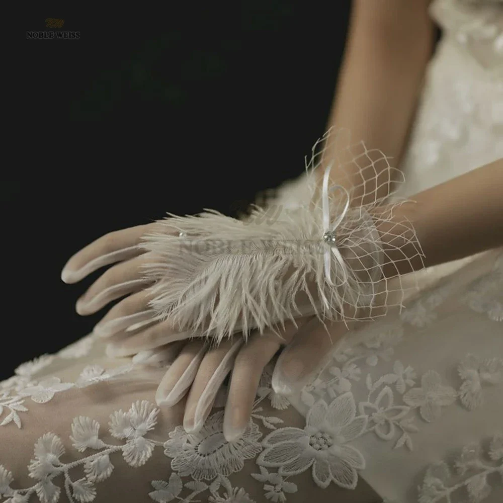Women Wedding Bridal Short Gloves Full Finger See Through Feather Wrist Length Costume Prom Party Gloves Customized