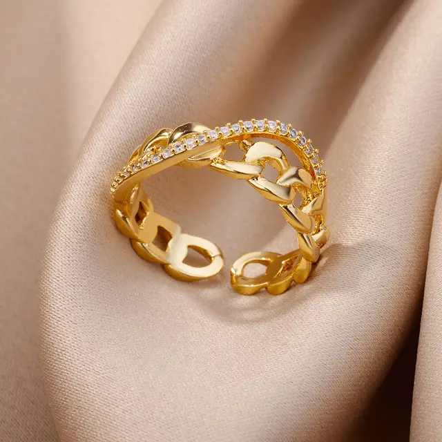 Bagues ajourées en chaîne pour femmes, couleur or, acier inoxydable, Zircon, croix ouverte, tendance, bijoux esthétiques de mariage, cadeau