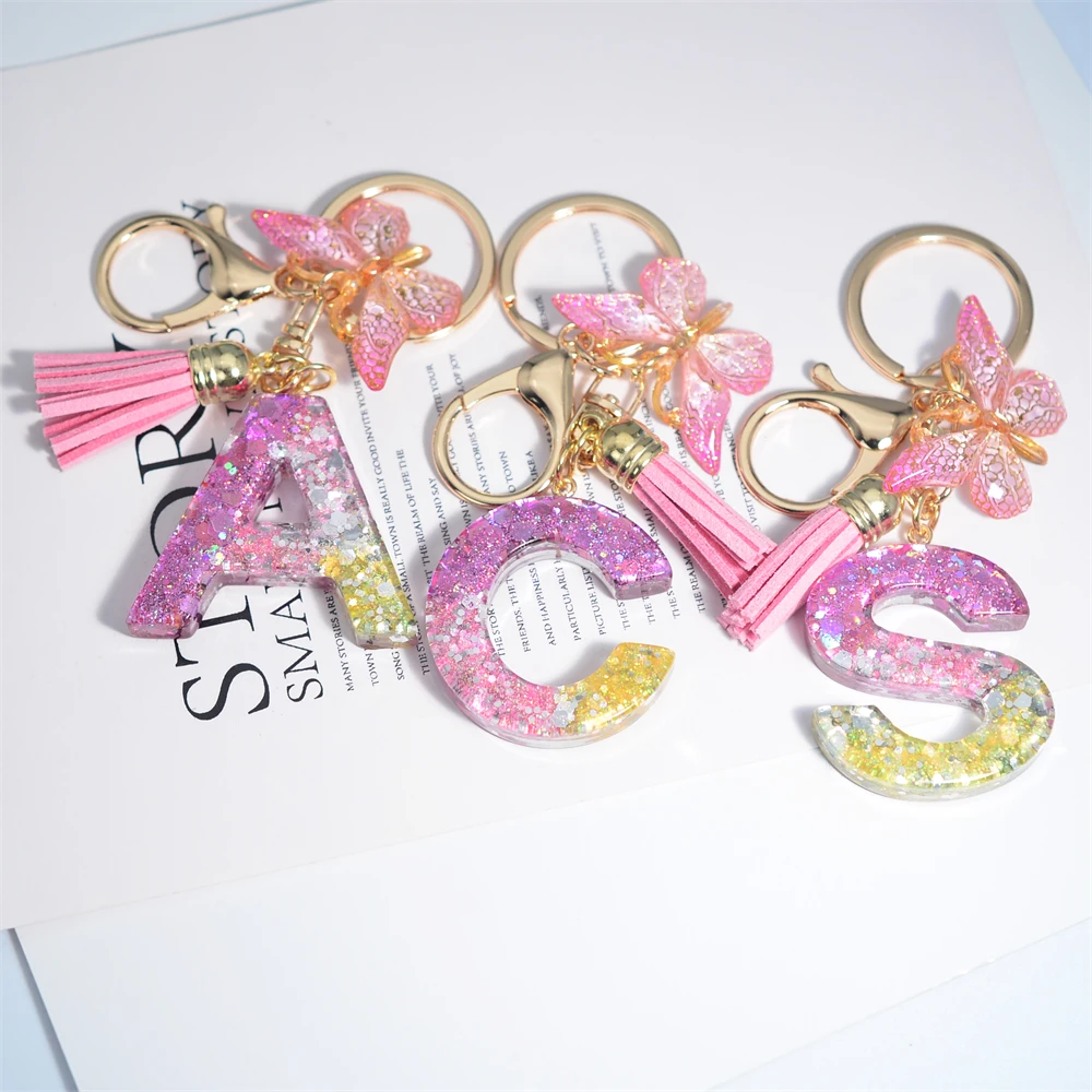 Pink Butterfly Pendant 26 Initial A-Z Key Chain With Tassels