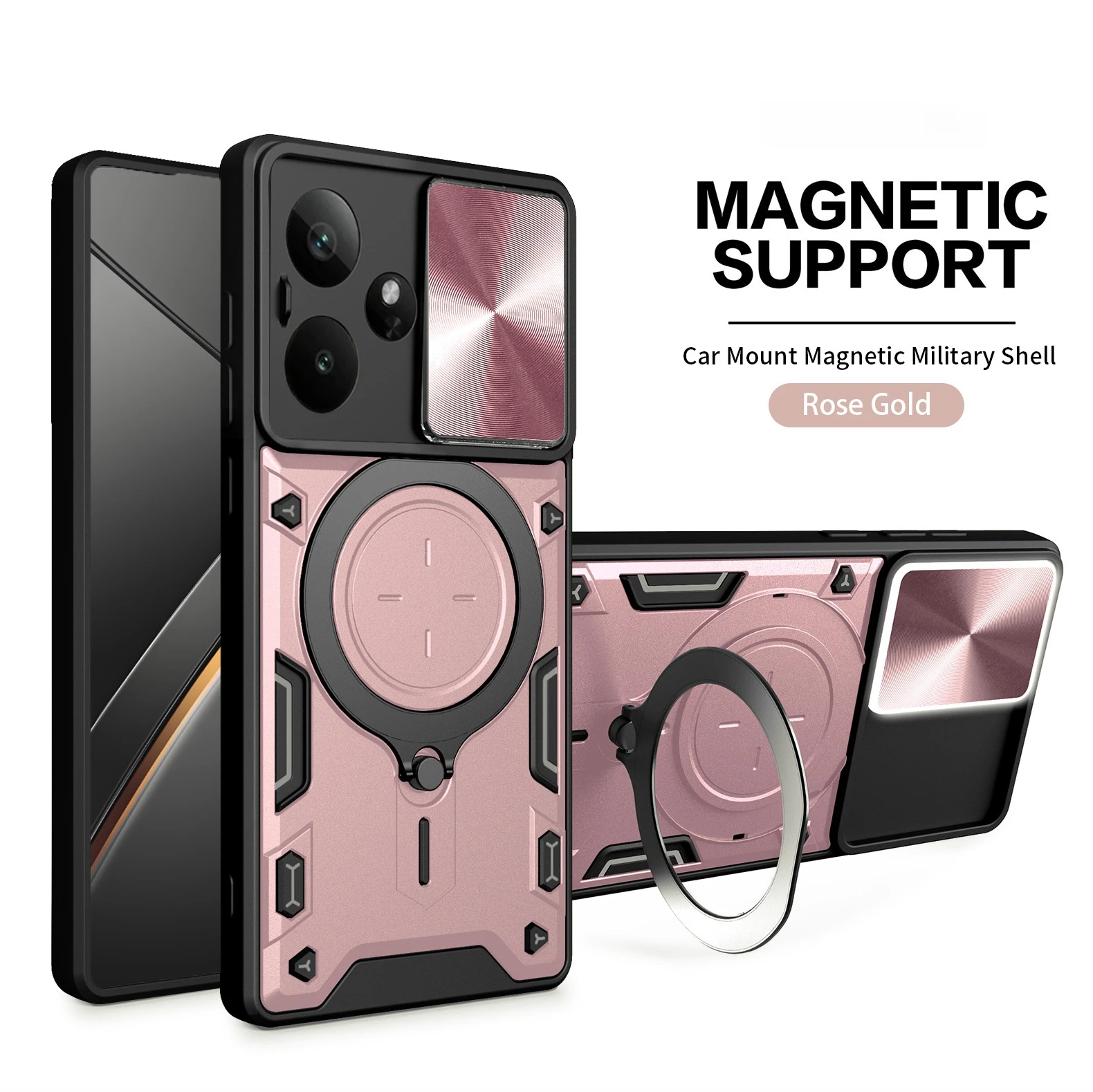 Lens Slide Cover Phone Case with Rotating Bracket and Magnetic Suction