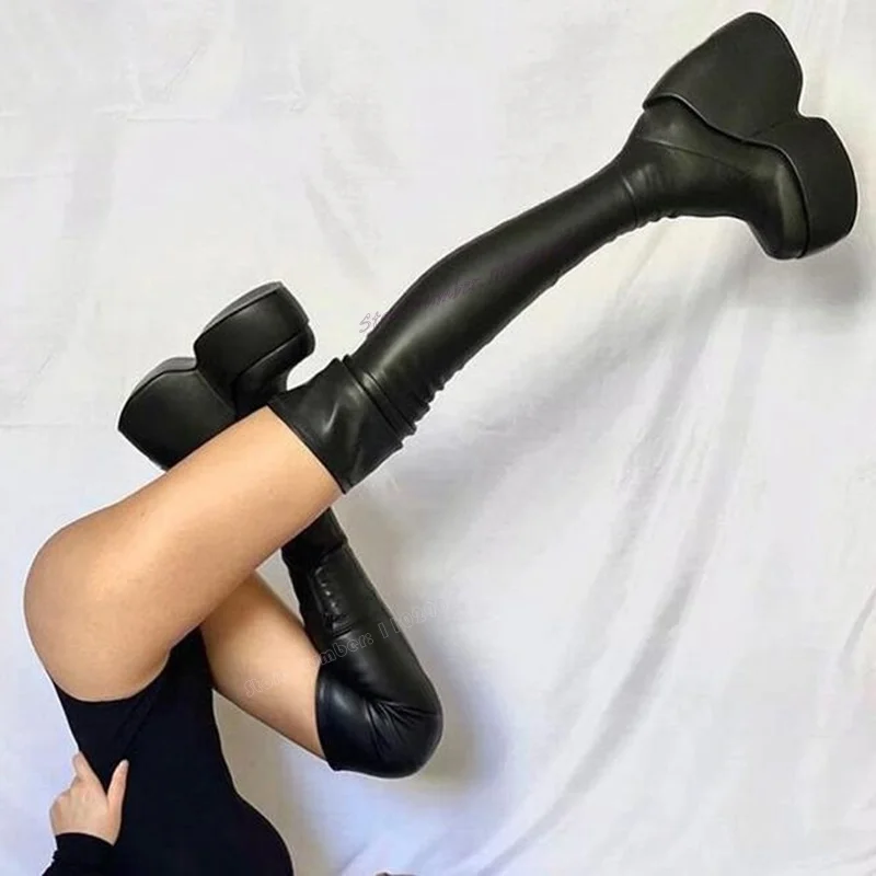 

Black Matte Leather Platform Wedegs Boots Knee High Round Toe Shoes for Women Solid Color Socks Boots 2023 Zapatos Para Mujere