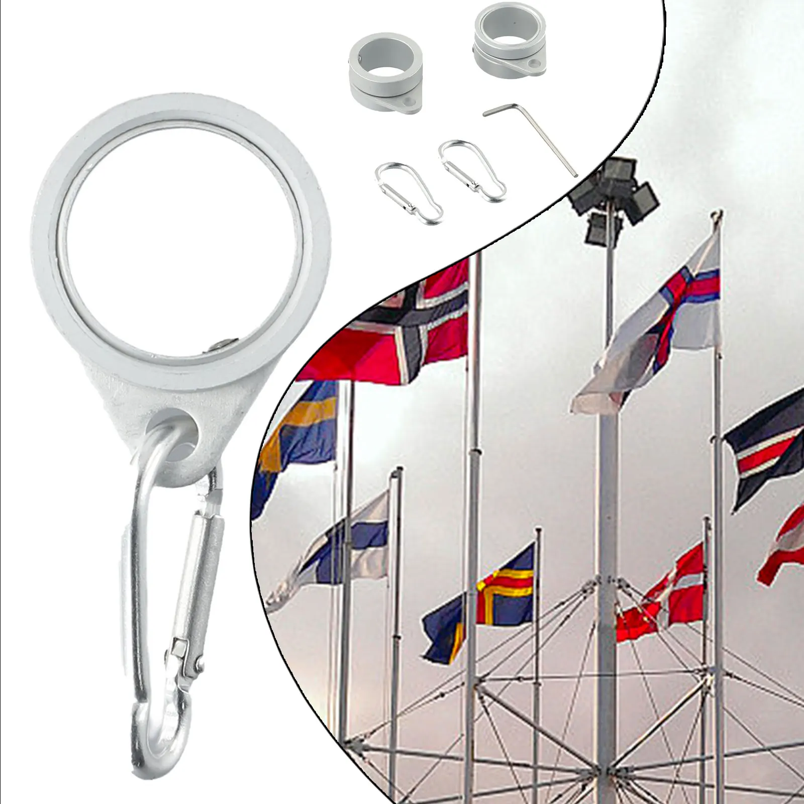 2X Flag Pole Rings 360&deg; Rotating Flagpole Flag For 0.75-1.02 Inches Pole Aluminum Alloy Mounting Rings With Carabiner Anti-Wrap