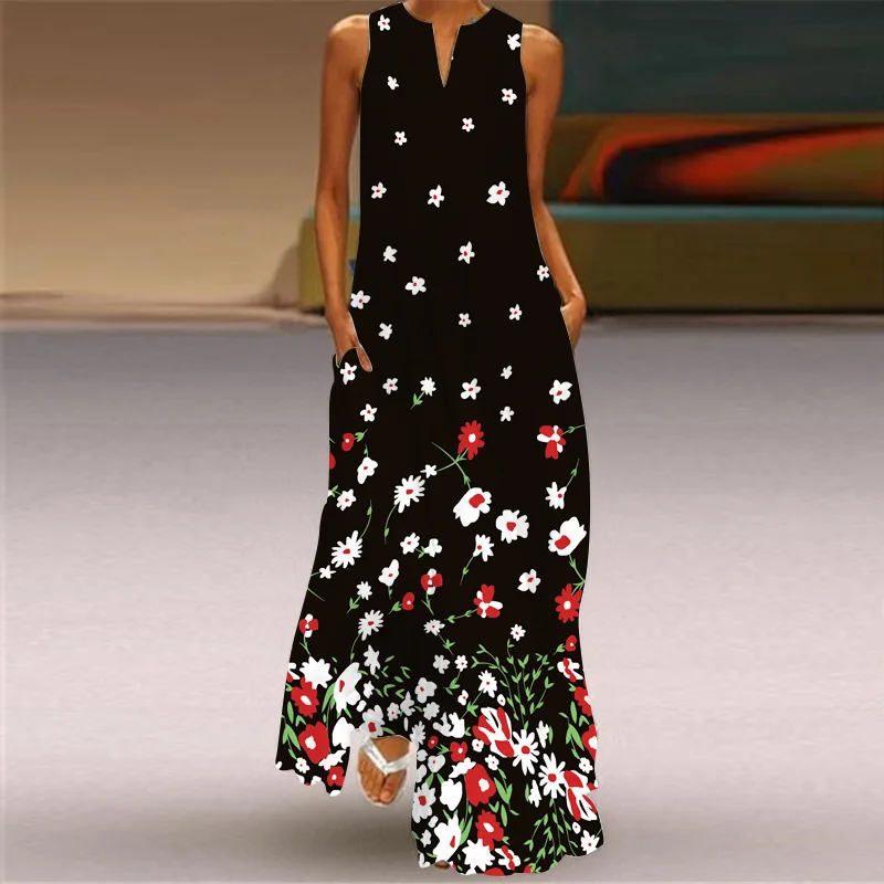 MOVOKAKA Spring Summer Print Long Dress Women Beach Holiday Casual Fashion Elegant Dresses Party Sleeveless V Neck Maxi Dresses