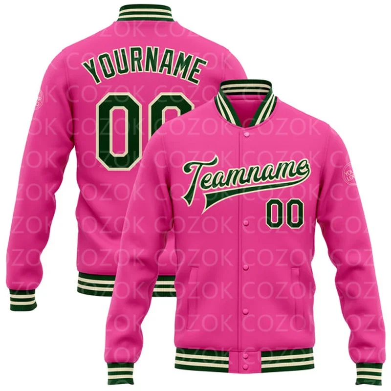 Custom Pink Green Color 3D Printed Baseball Button Jacket Bomber Full-Snap Varsity Letterman Jacket