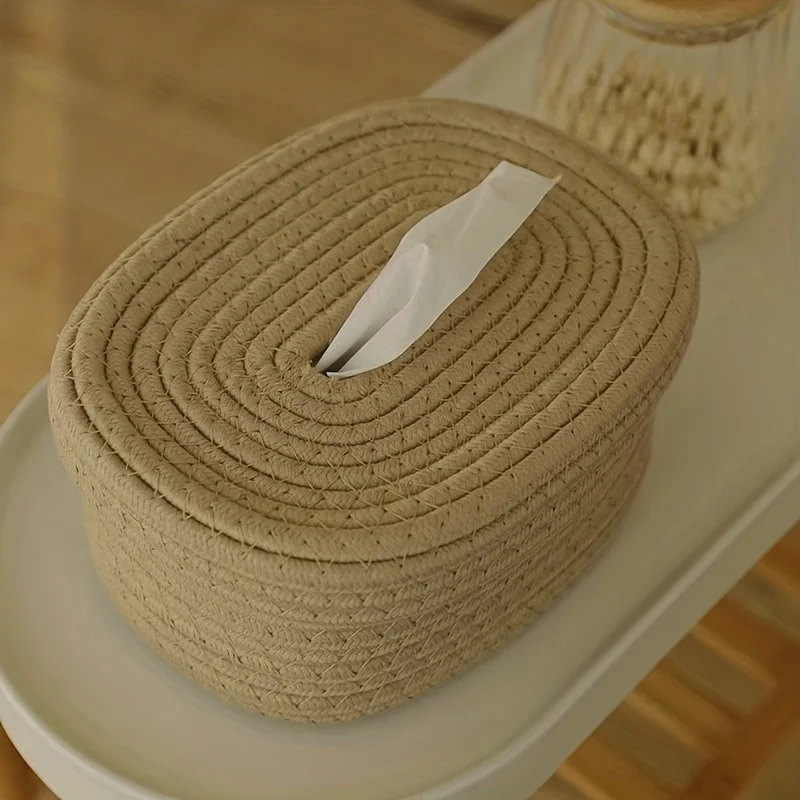 1pc Cotton Rope Tissue Box, Oval Storage Box With Lid, Wipes Paper Storage Case, Mask Storage Basket Suitable For Bedroom Living 5