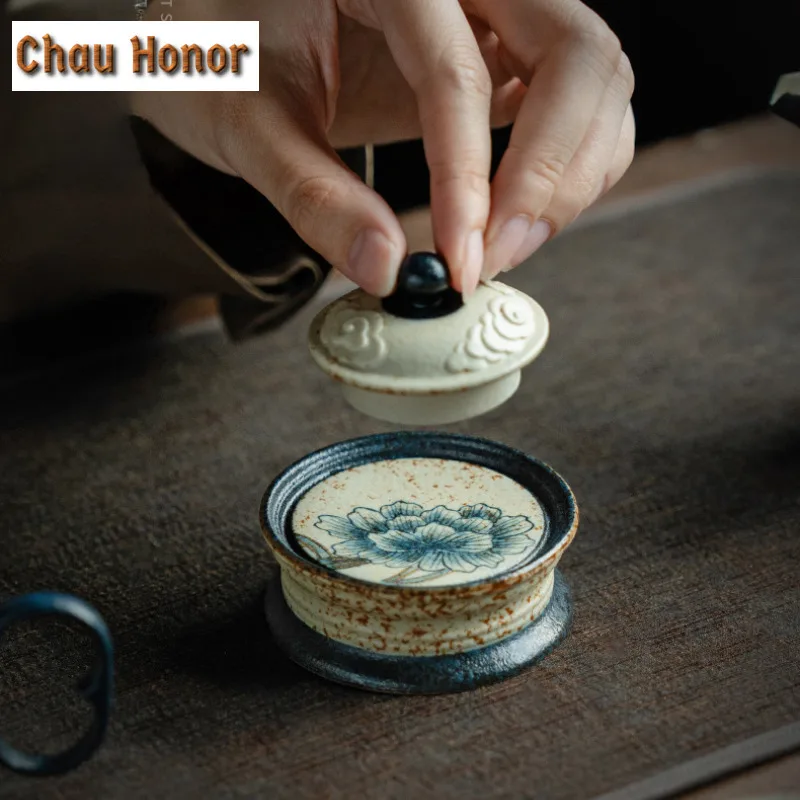 Blue And White Flint Red Teapot Cover Holder Handmade Gold Drawing Peony Flower Cover Frame Zisha Pot Lid Shelf Teaware Craft
