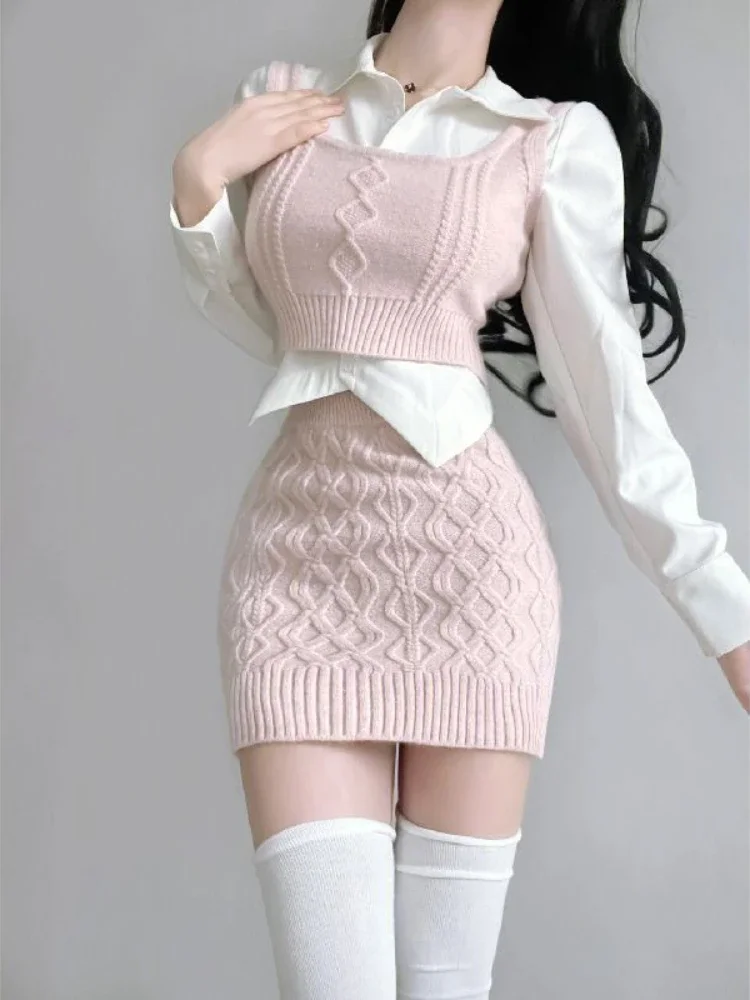 Knitted Korean Three-piece Set Women Pink Designer Party Mini Skirt Suit Female Winter Warm France Vintage Bodycon Skirt Set New