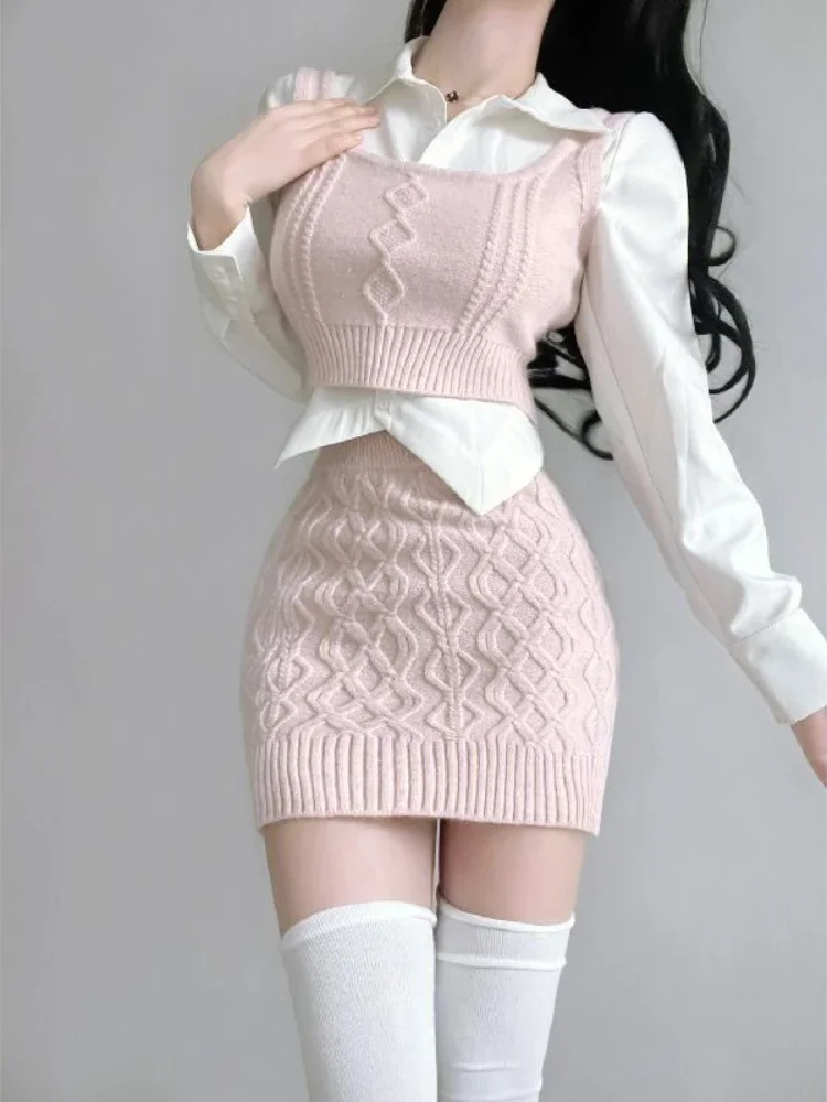 Knitted Korean Three-piece Set Women Pink Designer Party Mini Skirt Suit Female Winter Warm France Vintage Bodycon Skirt Set New 2022 disney designer famous brand handbags top quality mickey crossbody bags women fashion three in one composite bag