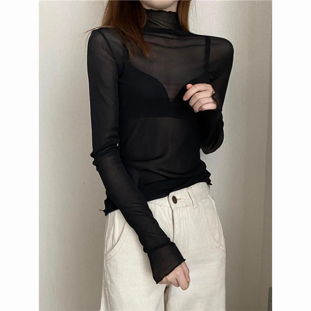 Sexy Women T Shirt See Through Transparent Mesh Tops Long