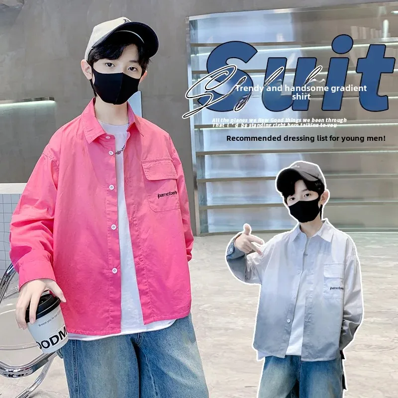 Spring Fashionable Long Sleeve Shirt for Boys Embroidered Letter Dyed Trendy Chinese Brand Children's Clothing Spring Shirt