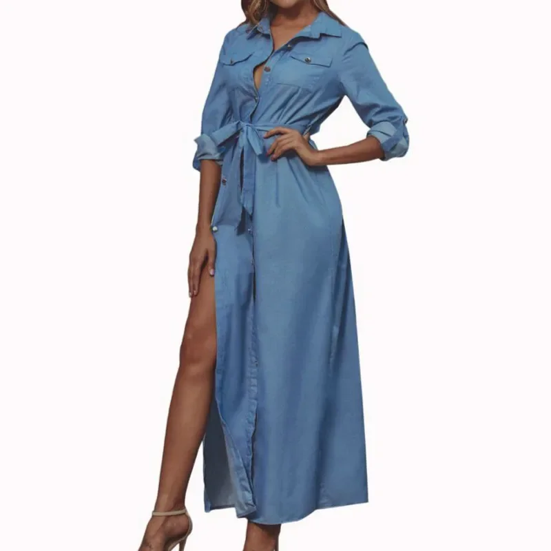 

Female Fashion Split Retro Solid High Waist Dress Fall Women's Collect Waist Denim Long Sleeve Trench Coat Overcoat Streetwear