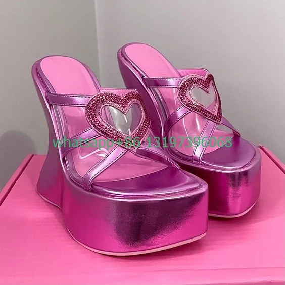 Lady pink wedge heel platform Y2K slippers high heels heart shape