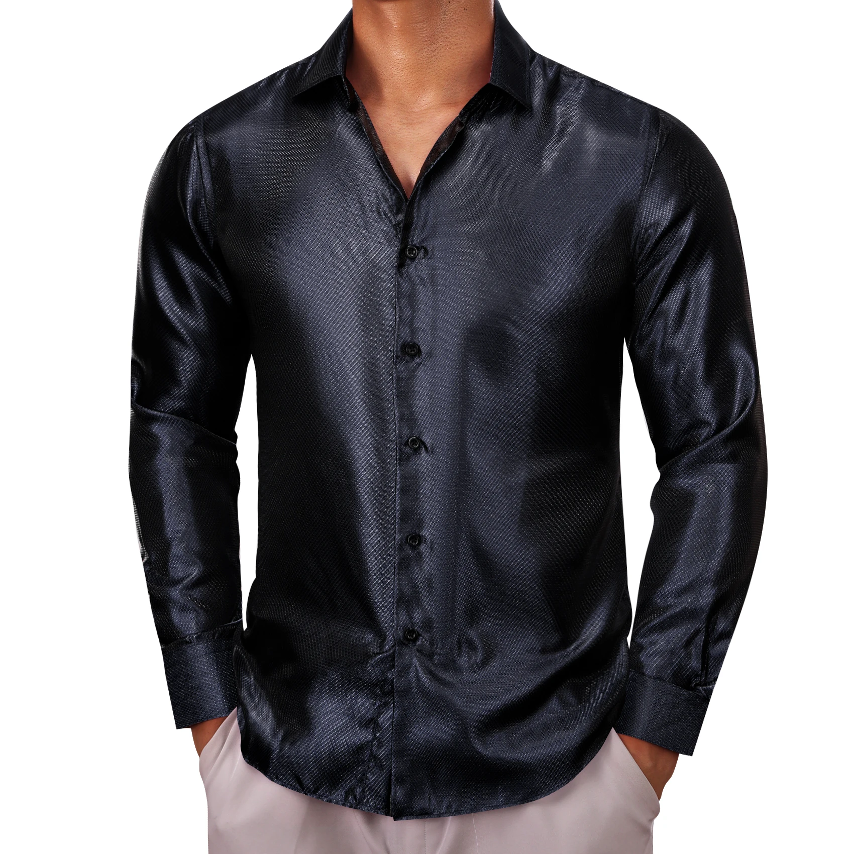 

Luxury Shirts for Men Silk Long Sleeve Black Solid Plain Slim Fit Male Blouses Turn Down Collar Tops Brtathable Barry Wang