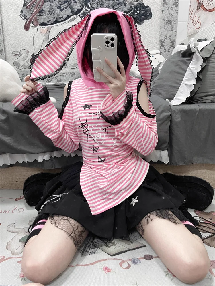 

QWEEK Japanese Y2K Hooded T-Shirt Women Harajuku Kawaii Rabbit Ears Long Sleeve Tees Subculture Egirl Striped Off Shoulder Top
