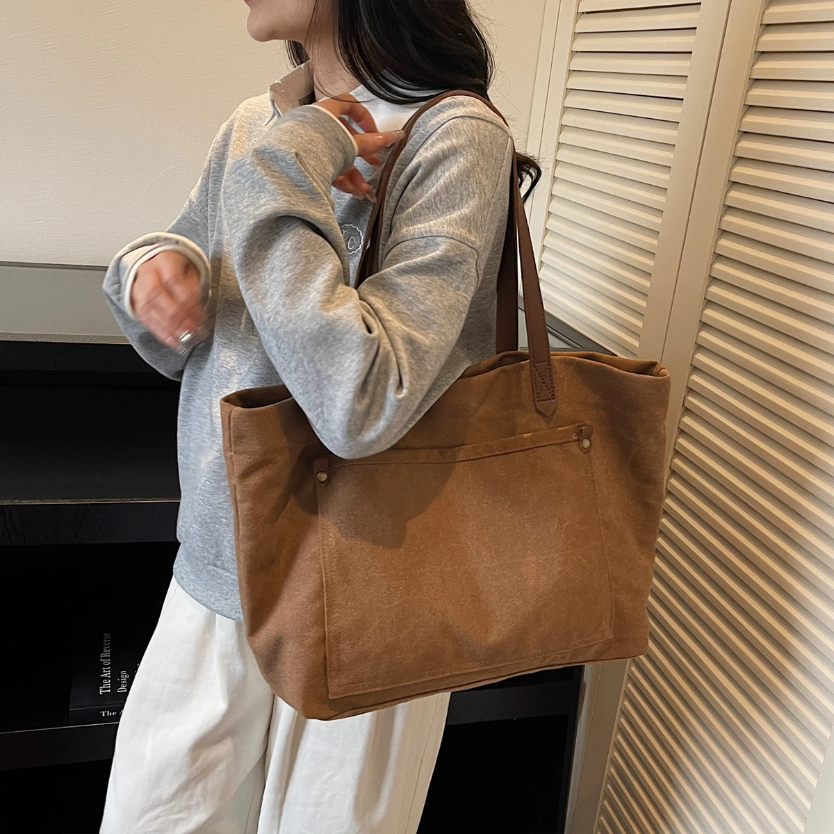 Solid Color Large-Capacity Canvas Tote Bag for Women, Japanese Style Casual Ins College Student Shoulder Bag, Tutoring Class Handbag, Travel and Shopping Bag