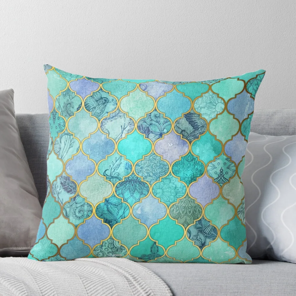 

Cool Jade & Icy Mint Decorative Moroccan Tile Pattern Throw Pillow anime girl Throw Pillow