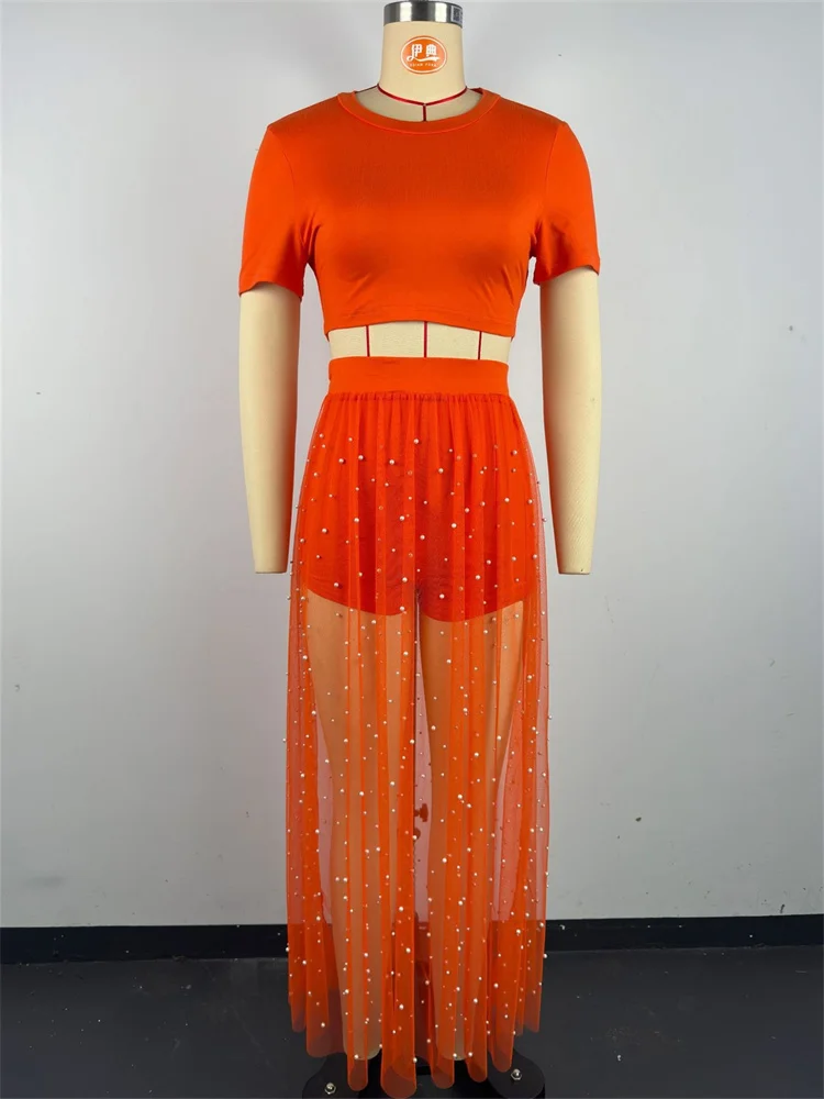 Wmstar Two Piece Dress Set Women S-2XL Summer Solid Short Sleeve Top Mesh Skirts Matching Suit Wholesale Drop Shipping 2024