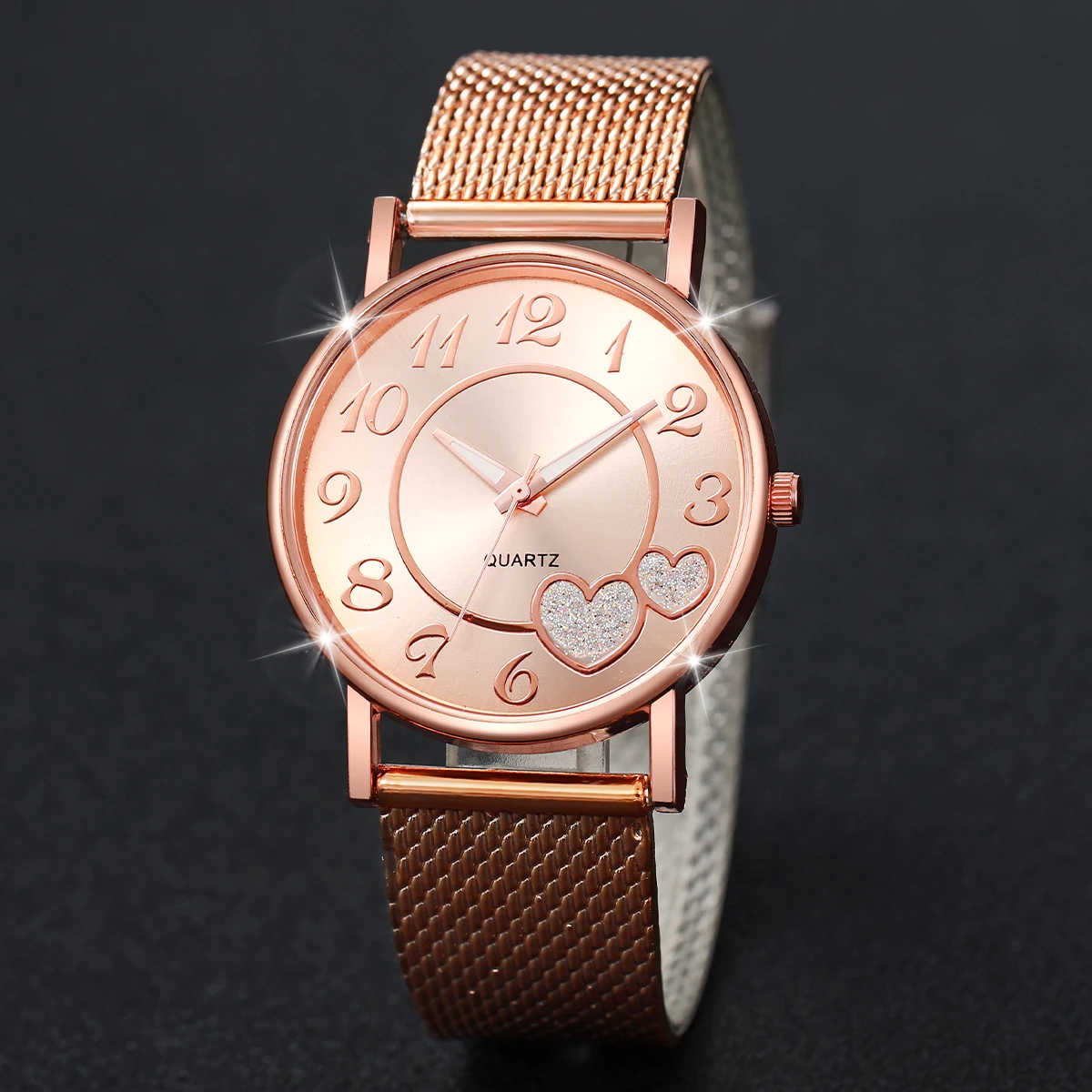 5PCS/Set Women Watches Diamond Jewelry Set Fashion Heart Dial Plastic Band Female Quartz Wristwatch（Without Box） 5
