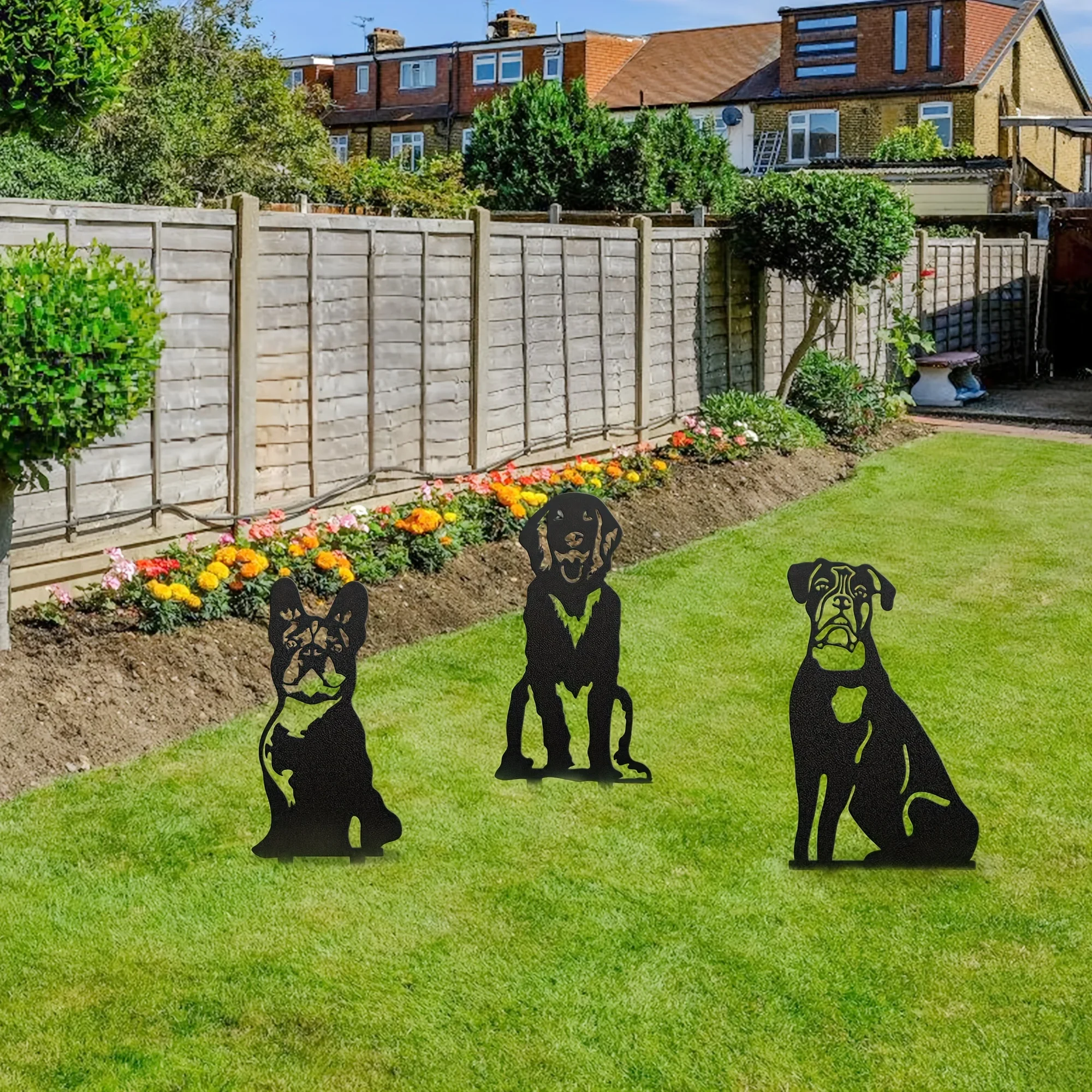 Dog Metal Art Garden Statues French Bulldog/Doberman Pinscher Backyard Lawn Stakes, Festival Decorations & Yard Decor