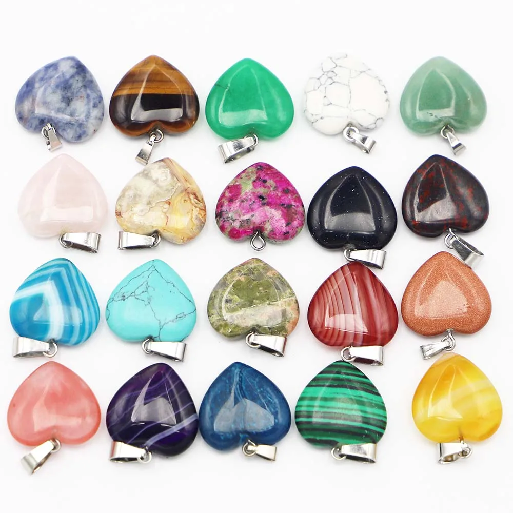 20MM Good Quality Assorted Natural Stone Heart Pendants Charms Jewelry Accessories Making Necklace Earrings 30Pcs Free Shipping