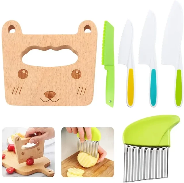 Wooden Kids Kitchen Knife Set - Includes Safe Knife, Serrated