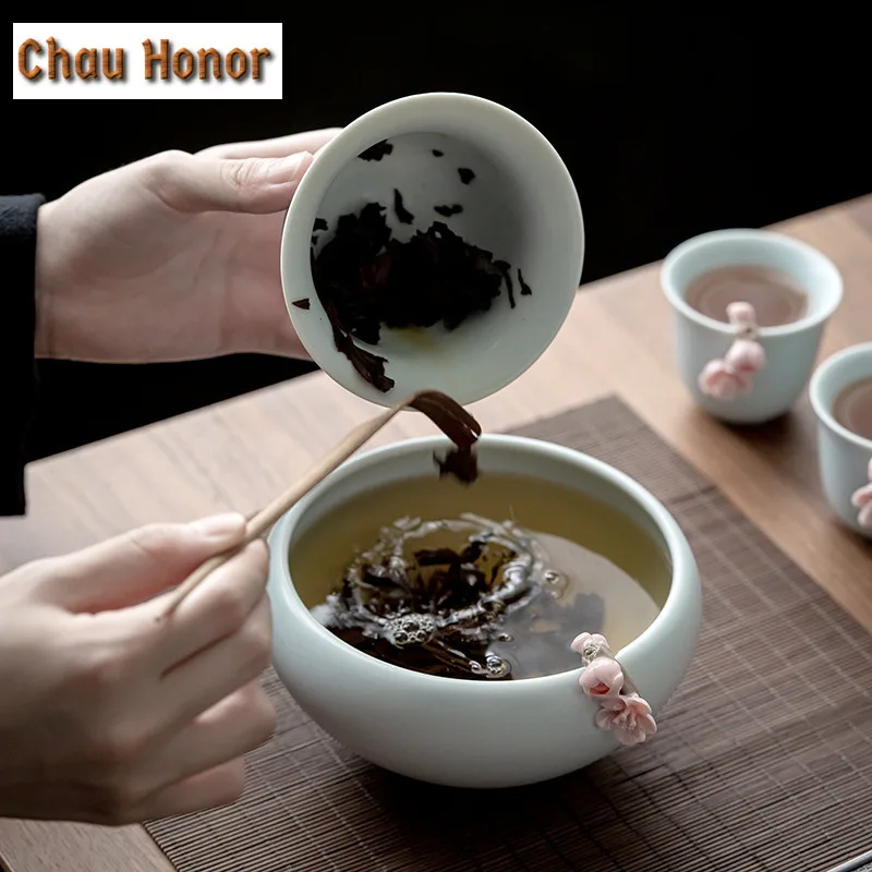 390ml Boutique Azure Ru Kiln Celadon Small Tea Wash Bowl Handmade Knead Pink Plum Blossom Ceramic Tea Garbage Can Tea Ceremony