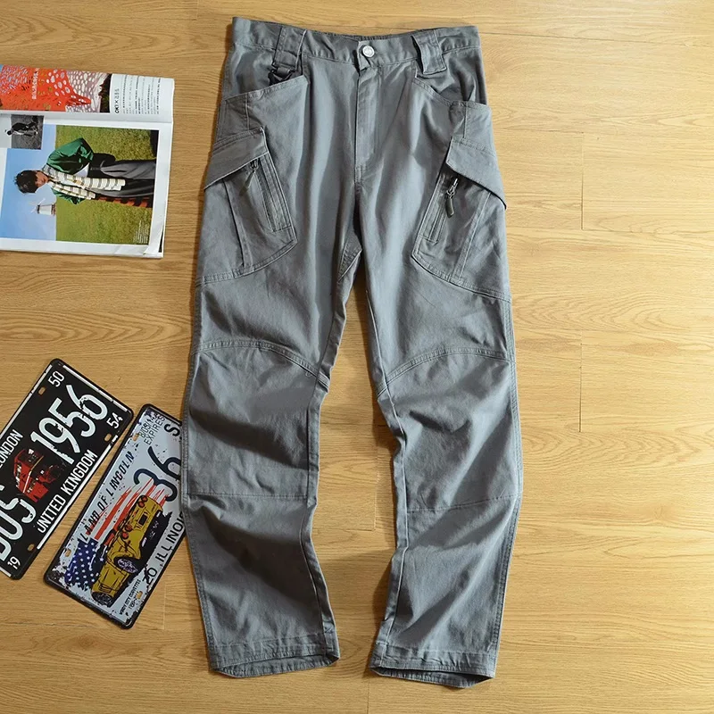 Men's Fashion All Match Full Length Casual Pants. Military Multi-Pockets Solid Color Cotton Cargo Pants, Outdoor Hiking Pants