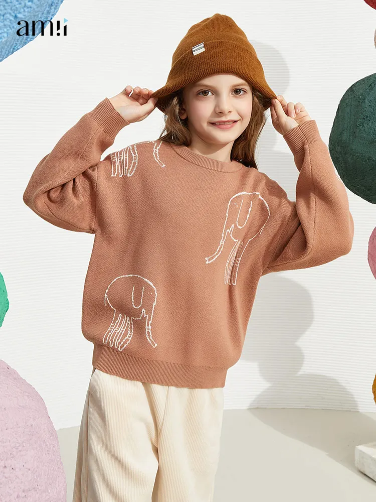 

amii kids Girls Sweater Winter Oneck Printed Knitted Tops Loose Cotton Pullover Children Sweater Teenager Girls Clothes 22120097