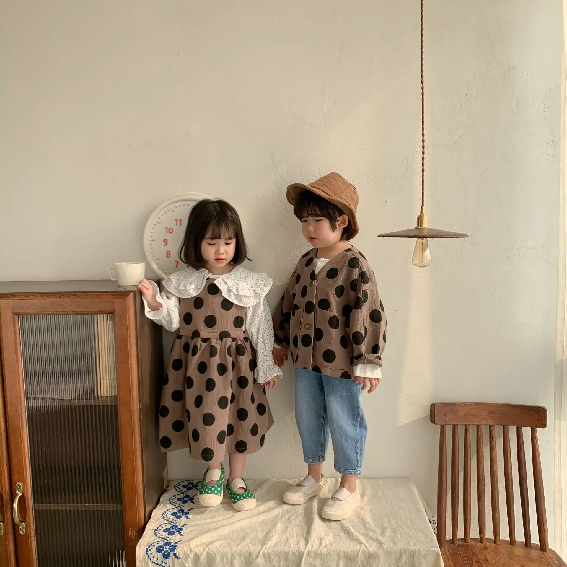 Spring korean style oversized dot long sleeve cardigans Boys casual loose cotton linen jackets coats