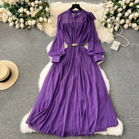2024 Muslim Arab Sweet Bow Heavy Industry Slimming Waist and Folding Solid Color Chiffon Bubble Long Sleeved Dress