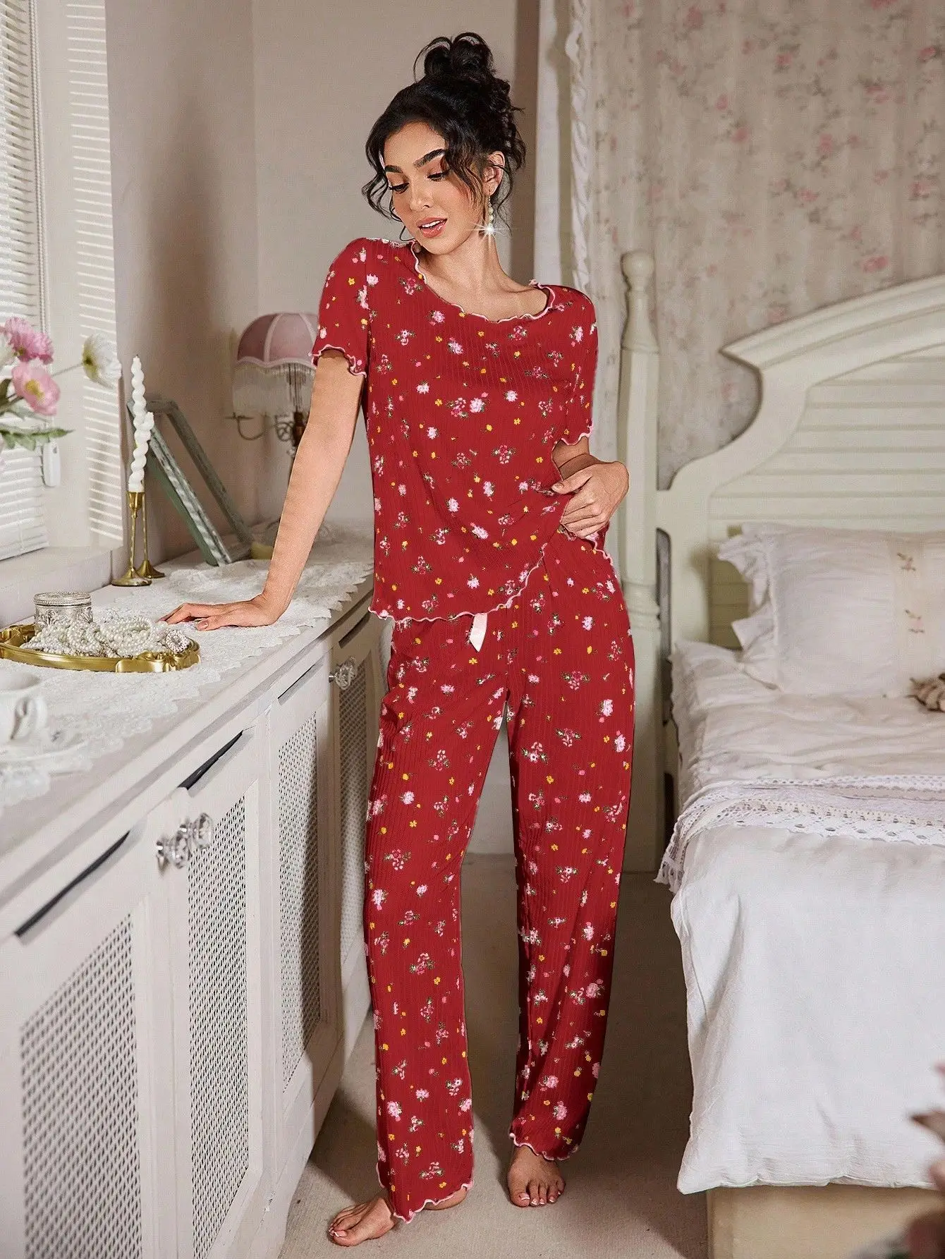 New European and American style loose-fitting women's pajamas, floral short-sleeved long pants home wear, casual two-piece set s