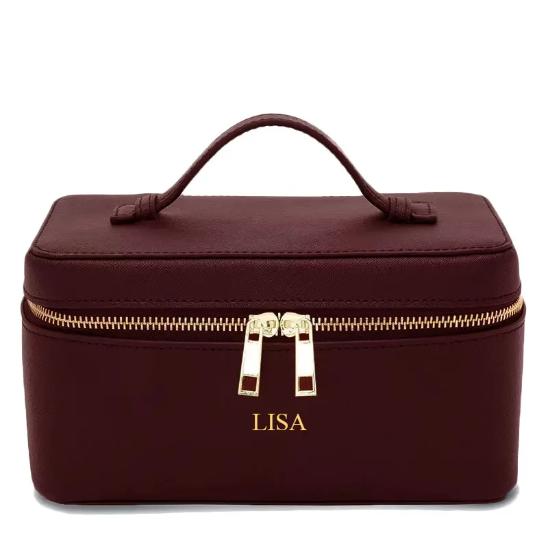 Custom Name Ladies Saffiano Split Leather Travel Toiletry Case Bag Portable Hanging Makeup Organizer Box Cosmetic Bag For Women