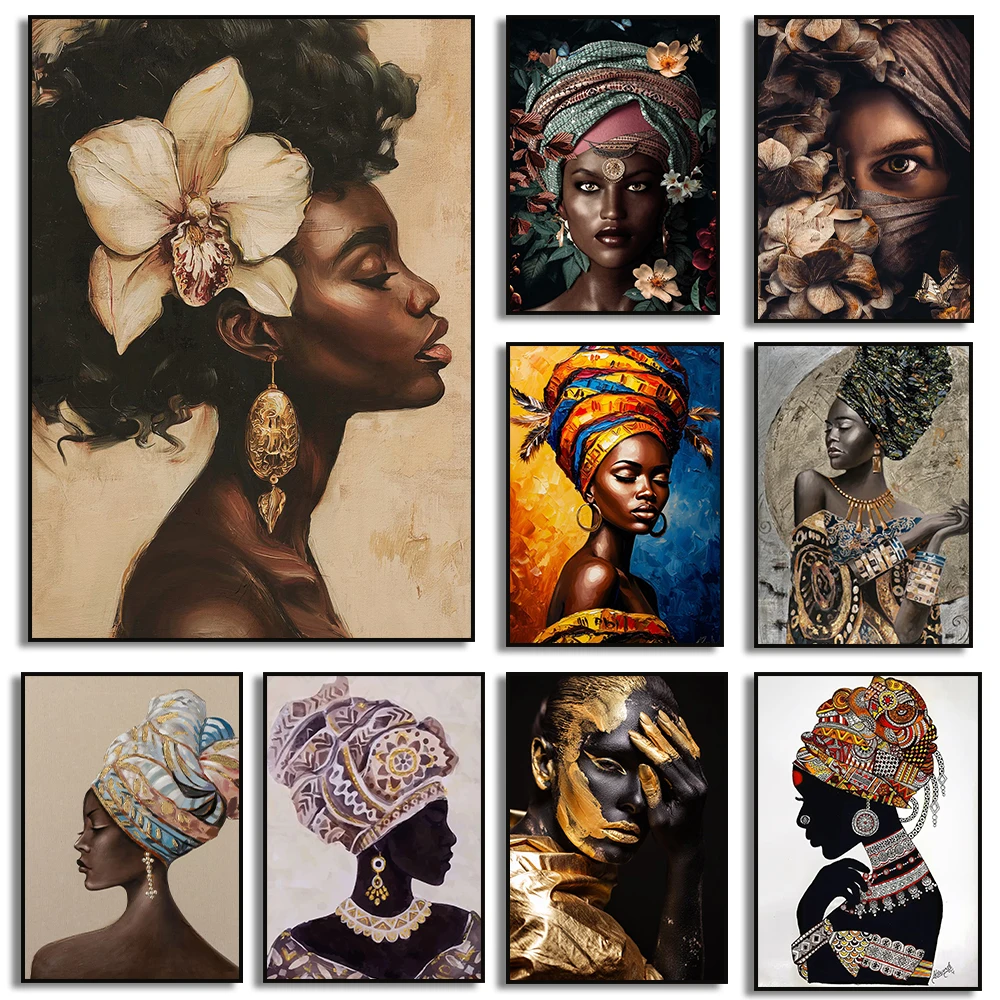African Woman Canvas Paintings African Girl with Flower Art Posters and Prints Wall Art Pictures for Living Room Decor Cuadros