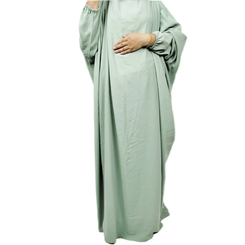Womens One-Piece Solid Abaya Muslim Prayer Dress Islamic Maxi Kaftan with Hijab Dubai Full Length Dress