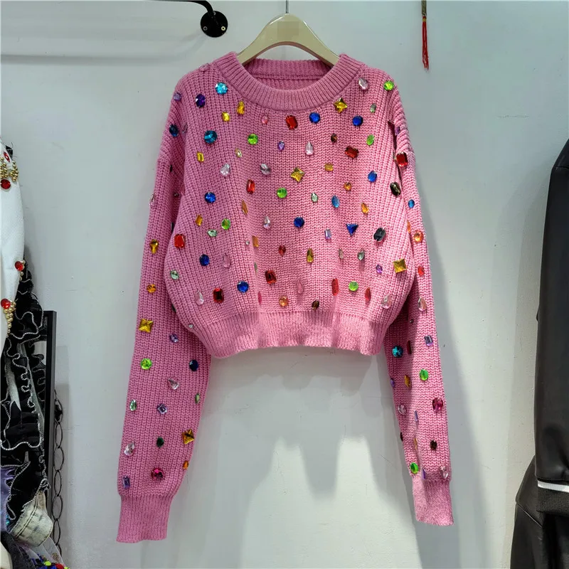 

French Niche Color Diamond Knitwear Women's New Loose Short Sweater for Autumn and Winter